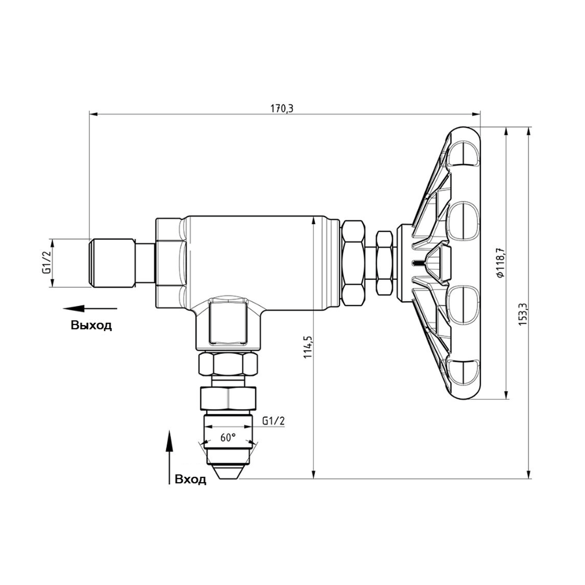 Габаритный чертёж клапана PINFL JB1500