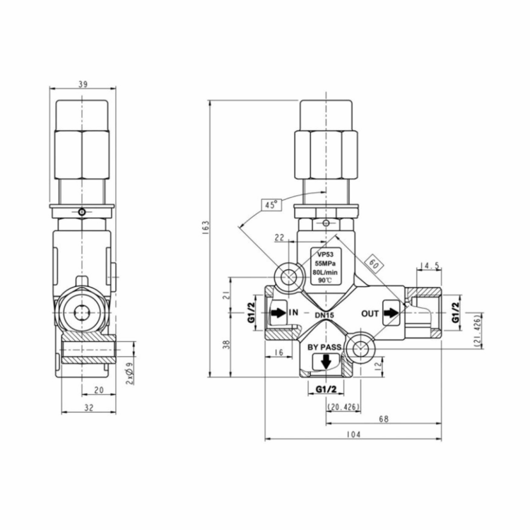 Габаритный чертёж клапана PINFL VP53